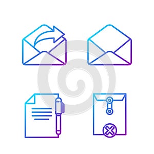 Set line Delete envelope, Document and pen, Outgoing mail and Envelope. Gradient color icons. Vector