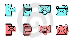 Set line Delete envelope, Mobile and envelope, Chat messages notification on phone and Envelope icon. Vector