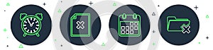 Set line Delete file document, Calendar, Alarm clock and folder icon. Vector