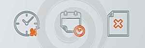 Set line Delete file document, Clock 24 hours and Calendar and clock icon. Vector