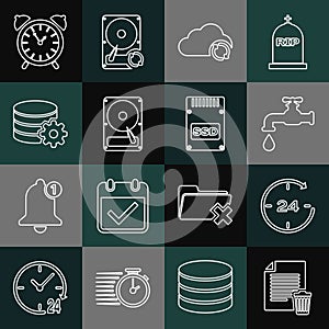 Set line Delete file document, Clock 24 hours, Water tap, Cloud sync refresh, Hard disk drive HDD, Setting database