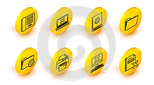 Set line Delete file document, Computer with keyboard and x mark, Printer, Folder settings gears, Document folder, User