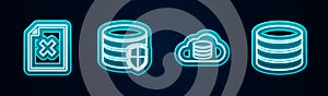 Set line Delete file document, Database protection, Cloud database and . Glowing neon icon. Vector