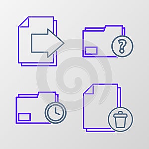 Set line Delete file document, Document folder with clock, Unknown and Next page arrow icon. Vector