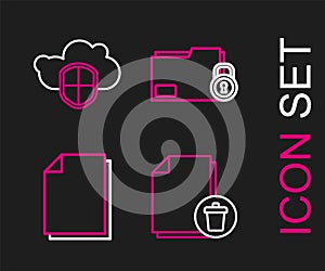 Set line Delete file document, Document, Folder and lock and Cloud shield icon. Vector