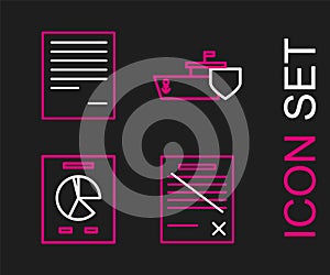 Set line Delete file document, Document with graph chart, Ship shield and icon. Vector