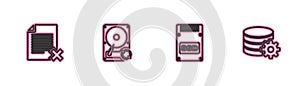 Set line Delete file document, SSD card, Hard disk drive HDD sync refresh and Setting database server icon. Vector