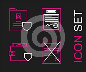 Set line Delete file document, Wallet and money with shield, Filled form and Document icon. Vector