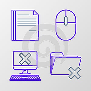 Set line Delete folder, Computer with keyboard and x mark, mouse and File document icon. Vector