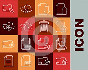 Set line Delete folder, Document with search, Add new file, download, Cloud upload, cloud, Search concept and Trash can