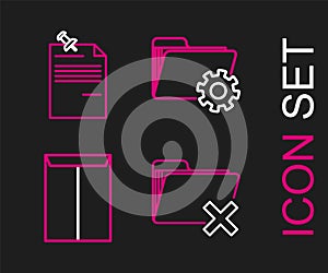 Set line Delete folder, Envelope, Folder settings with gears and Note paper pinned pushbutton icon. Vector