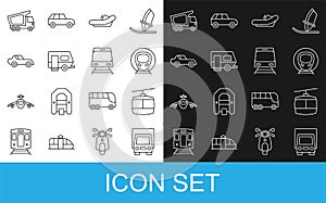 Set line Delivery cargo truck, Cable, Train and railway, Rafting boat, Rv Camping trailer, Car, and icon. Vector