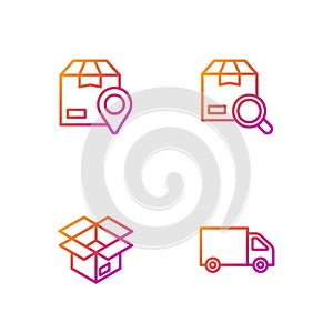 Set line Delivery cargo truck, Unboxing, Location with cardboard and Search package. Gradient color icons. Vector