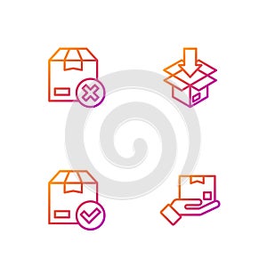 Set line Delivery hand with box, ackage check mark, Carton cardboard and . Gradient color icons. Vector