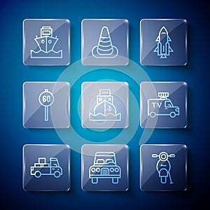 Set line Delivery truck, Car, Scooter, Rocket ship with fire, Cargo, Speed limit traffic, and TV News car icon. Vector