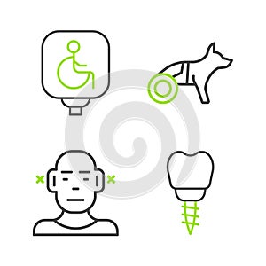 Set line Dental implant, Deaf, Dog in wheelchair and Disabled icon. Vector