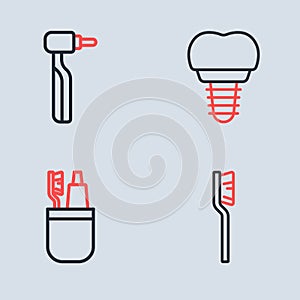 Set line Dental implant, Toothbrush and toothpaste, and drill icon. Vector