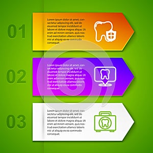 Set line Dental protection, clinic location, First aid kit and Broken tooth. Business infographic template. Vector