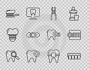 Set line Dental search, Dentures model, pliers, Tooth, Toothbrush with toothpaste, Candy, Teeth braces and icon. Vector