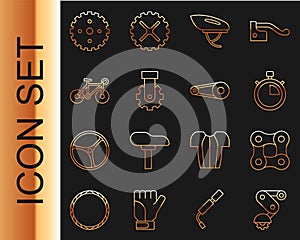 Set line Derailleur bicycle rear, Bicycle chain, Stopwatch, helmet, sprocket crank and with gear icon. Vector
