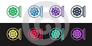 Set line Dharma wheel icon isolated on black and white background. Buddhism religion sign. Dharmachakra symbol. Vector