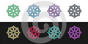 Set line Dharma wheel icon isolated on black and white background. Buddhism religion sign. Dharmachakra symbol. Vector