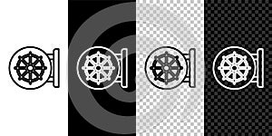 Set line Dharma wheel icon isolated on black and white,transparent background. Buddhism religion sign. Dharmachakra