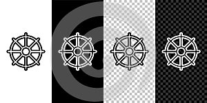 Set line Dharma wheel icon isolated on black and white,transparent background. Buddhism religion sign. Dharmachakra