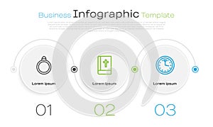 Set line Diamond engagement ring, Holy bible book and Clock. Business infographic template. Vector