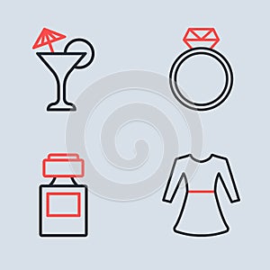 Set line Diamond engagement ring, Perfume, Woman dress and Martini glass icon. Vector