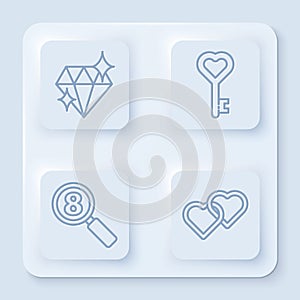 Set line Diamond, Key in heart shape, Search 8 March and Two Linked Hearts. White square button. Vector