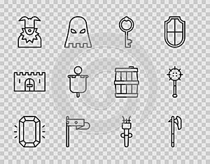 Set line Diamond, Medieval axe, Old key, flag, Joker head, Torch flame and chained mace ball icon. Vector