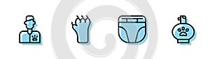 Set line Diaper for dog, Veterinarian doctor, Paw print and Pet shampoo icon. Vector