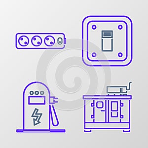 Set line Diesel power generator, Electric car charging station, light switch and extension cord icon. Vector