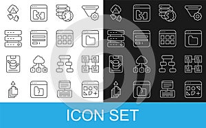 Set line Different files, Hierarchy organogram chart, Browser, Network cloud connection, window, Server, Data, Web