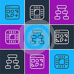 Set line Different files, Hierarchy organogram chart and Processor with CPU icon. Vector
