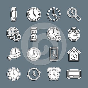 Set line Digital alarm clock, Retro wall watch, Stopwatch, Clock, Old hourglass, World time, Smartwatch and icon. Vector