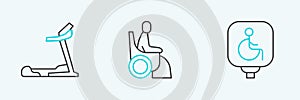 Set line Disabled wheelchair, Treadmill machine and Woman icon. Vector