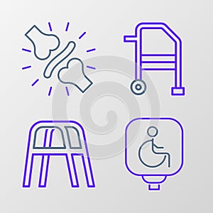 Set line Disabled wheelchair, Walker, and Joint pain, knee pain icon. Vector