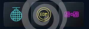 Set line Disco ball, Music note, tone and EDM electronic dance music. Black square button. Vector