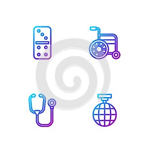 Set line Disco ball, Stethoscope, Domino and Wheelchair. Gradient color icons. Vector