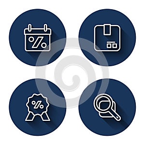 Set line Discount percent tag, Carton cardboard box, and Magnifying glass with long shadow. Blue circle button. Vector