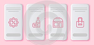 Set line Discount percent tag, Wine bottle, Market store and Shopping bag with recycle. White rectangle button. Vector