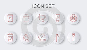 Set line Disposable plastic fork, Paper glass, Spread the word, megaphone, Drinking straw, Trash can, water, Hand