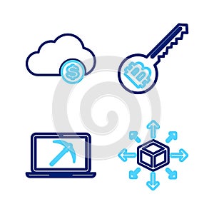 Set line Distribution, Mining with laptop and pickaxe, Cryptocurrency key and cloud mining icon. Vector