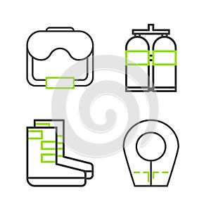 Set line Diving hood, Boots, Aqualung and mask icon. Vector