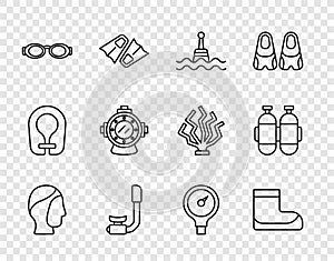 Set line Diving hood, Boots, Floating buoy, Snorkel, Glasses for swimming, Aqualung, Gauge scale and icon. Vector photo