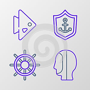 Set line Diving hood, Ship steering wheel, Anchor inside shield and Fish icon. Vector