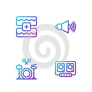 Set line DJ remote and mixing music, Drums, Music wave equalizer and Speaker volume. Gradient color icons. Vector