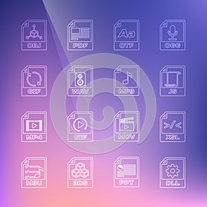 Set line DLL file document, XSL, JS, OTF, WAV, GIF, OBJ and MP3 icon. Vector